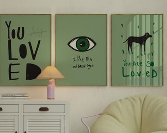 Sage Green Wall Art Set of 3 Prints,Dog Poster 3 Panel Wall Art for Sage Green Decor,All You Need Is Love Poster,Green Eyes Poster Aesthetic