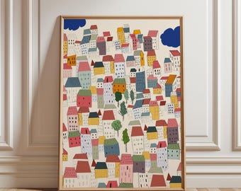 Colorful Houses Wall Art Print, Whimsical City Illustration, Maximalist Home Decor, Printable Art Download