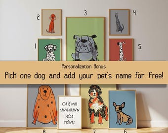 Custom Pet Name Poster,Hand Drawn Dog Mom gift, Set of 8 Badly Drawn Dog Prints, Funny Puppy Wall Art Bundle, Personalized Dog lovers Gift