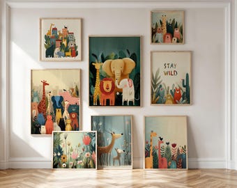 Set of 8 Safari Animal Prints, Lion Elephant Giraffe Nursery Wall Art Bundle, Bear Deer Kids Room Poster, Jungle Nursery Decor Digital Art