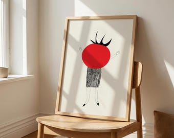 Modern Red Tomato Wall Art, Kitchen Decor Poster, Minimalist Vegetable Illustration, Digital Download, Quirky Food Print, Retro Dining Decor