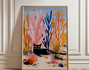 Black Cat Wall Art, Funny Cat Poster, Mid Century Modern Cat Print, Quirky Animal Decor, Cute Black Cat Gift, Colorful Eclectic Home Decor