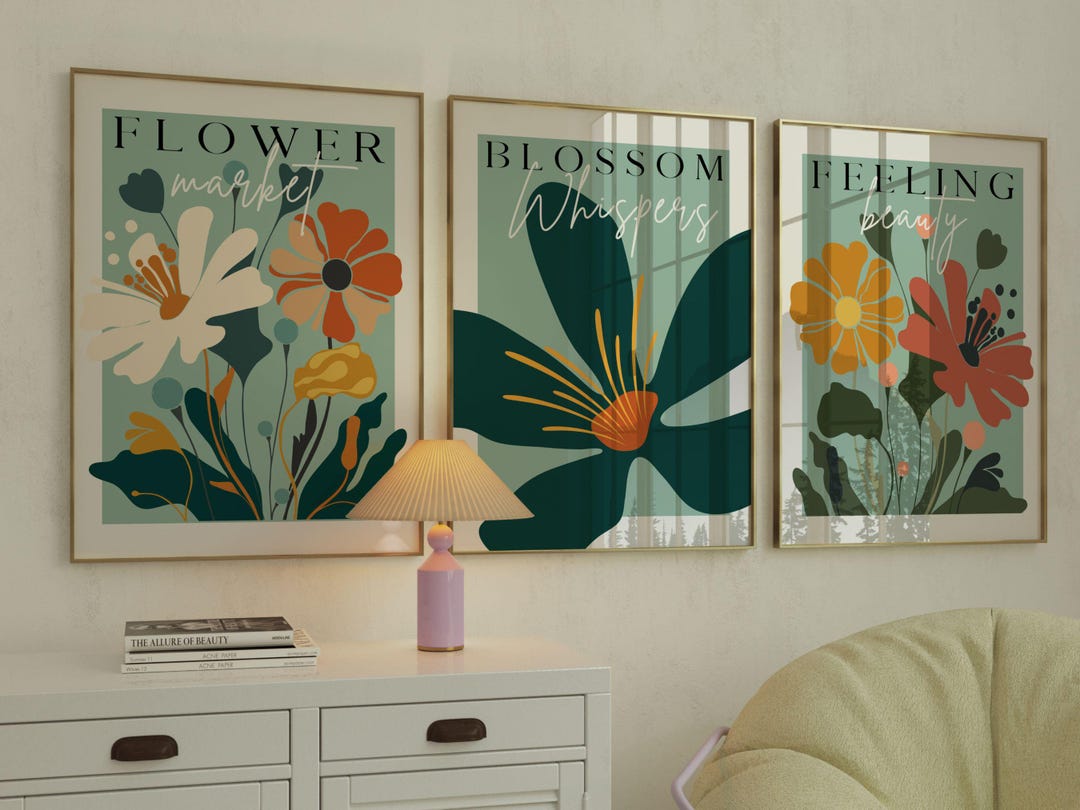 Sage Green Botanical Wall Art Set of 3, Flower Market Prints, Modern ...