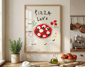Hand Drawn Illustration Pizza Poster, Pizza Party Illustrations, Kitchen Wall Art, Retro Italian Food Print, Digital Download, Pizza Lover