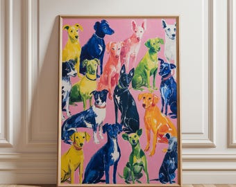 Funky Dogs Pink Wall Art, Colorful Dog Breeds Poster, Dopamine Decor Animal Painting, Whimsical Pet Lover Gift, Vibrant Puppy Nursery Print