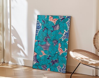 Mid Century Modern Fish Wall Art, Abstract Marine Life Print, Blue Red Coastal Decor, Nautical Digital Download, Large Sea Life Poster Art