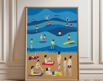 Meet Me at the Beach Surf Print, Funky Dopamine Decor Wall Art, Trendy Beachy Room Decor, Aesthetic Minimalist Line Art, Whimsical Poster