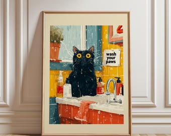 Wash Your Paws Cat Poster, Funny Black Cat Bathroom Wall Art, Quirky Toilet Decor, Cute Kitty Washing Up Print, Humor Gift for Cat Lovers