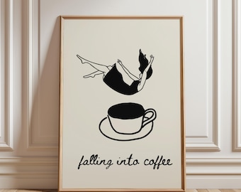 Falling into Coffee Wall Art, Modern Minimalist Coffee Illustration,Funny Coffee Lover Gift,Minimalist Kitchen Decor,Trendy Kitchen Wall Art