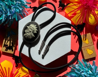 Rooster Black Cameo Bolo Tie, Handmade Cowboy Western Wedding Tie, Cute Eccentric Jewelry, Adorable Necklace, Statement Accessory, Gift