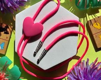 Adorable Hot Pink Heart Bolo tie, Handmade Cowboy Necklace, Cute Eccentric Jewelry, Statement Accessory, Gifts for Her, Wedding Necktie