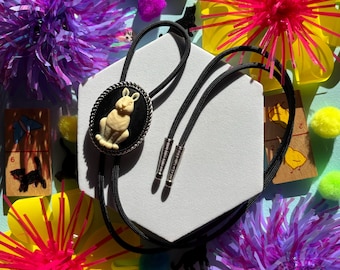Black Bunny Rabbit Cameo Bolo Tie, Handmade Cowboy Western Wedding Tie, Cute Eccentric Jewelry, Adorable Necklace, Statement Accessory, Gift