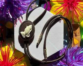 Prayer Hands Brown Cameo Bolo Tie, Handmade Cowboy Western Wedding Tie, Cute Eccentric Jewelry, Adorable Necklace, Statement Accessory, Gift