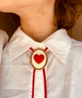 Adorable White and Red Heart Cameo Bolo tie, Handmade Cowboy Necklace, Cute Eccentric Jewelry, Statement Accessory, Wedding Gifts for Him