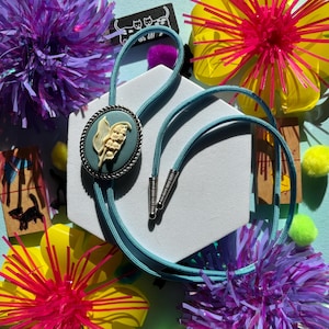 Cute Flower Bolo Tie / Blue and Cream Flower Cameo / Handmade Bolo / Minimalistic Tie  / Cowboy Western Bolo / Wedding Bolo / Gifts for Him