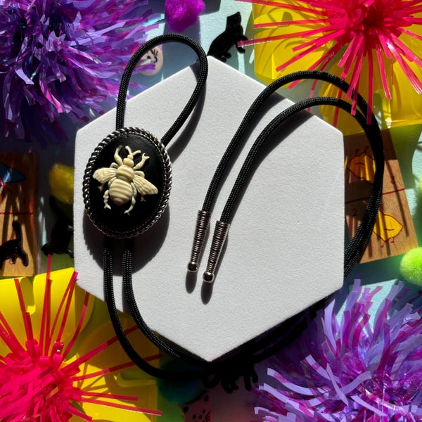Bumble Bee Cameo Bolo Tie, Handmade Cowboy Western Wedding Tie, Cute Eccentric Jewelry, Adorable Necklace, Statement Accessory, Gift For Her