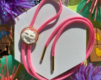 Small Cat Cameo Bolo Tie, Handmade Cowboy Bolo, Western Wedding Necktie, Cute Eccentric Jewelry, Pink Cat Necklace, Statement Accessory Gift