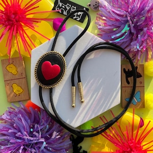 Adorable Red and Black Heart, Handmade Cowboy Wedding Bolo, Western Jewelry Necktie, Eccentric Jewelry, Statement Accessory, Gift for Her