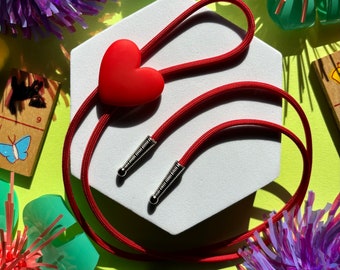 Adorable Sweet Red Heart Bolo tie, Handmade Cowboy Necklace, Cute Eccentric Jewelry, Statement Accessory, Gifts for Her, Wedding Necktie
