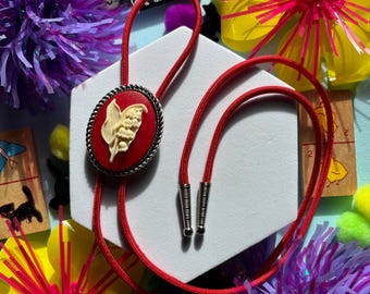 Red Flower Cameo Bolo Tie, Wedding Cowboy Bolo, Western Necktie, Cute Eccentric Jewelry, Floral Necklace, Statement Accessory, Gift For Her