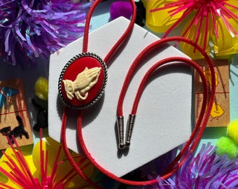Prayer Hands Bolo Tie / Red and White Cameo / Handmade Bolo / Minimalistic Tie  / Cowboy Western Bolo / Wedding Bolo / Gifts for Him