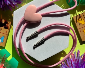 Adorable Sweet Pink Heart Bolo tie, Handmade Cowboy Necklace, Cute Eccentric Jewelry, Statement Accessory, Gifts for Her, Wedding Necktie