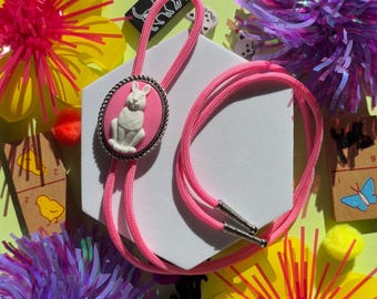 Pink Bunny Rabbit Cameo Bolo Tie, Handmade Cowboy Western Wedding Tie, Cute Eccentric Jewelry, Adorable Necklace, Statement Accessory, Gift