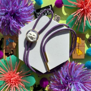 Charming Cat Bolo Tie / Purple Cat Cameo / Handmade Necklace Bolo Tie / Minimalistic Necktie / Cowboy Bolo Tie / Western Jewelry Bolo Tie