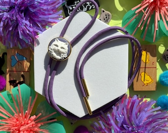 Small Cat Cameo Bolo Tie, Handmade Cowboy Gift, Western Wedding Necklace, Cute Eccentric Jewelry, Purple Cat Necklace, Statement Accessory