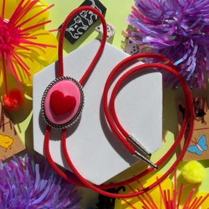 Adorable Red and Pink Heart, Handmade Cowboy Wedding Bolo, Wedding Western Necktie, Eccentric Jewelry, Statement Accessory, Gift for Her