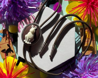 Brown Bunny Rabbit Cameo Bolo Tie, Handmade Cowboy Western Wedding Tie, Cute Eccentric Jewelry, Adorable Necklace, Statement Accessory, Gift