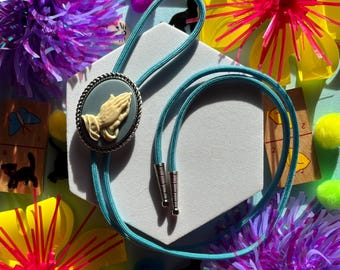 Prayer Hands Blue Cameo Bolo Tie, Handmade Cowboy Western Wedding Tie, Cute Eccentric Jewelry, Adorable Necklace, Statement Accessory, Gift
