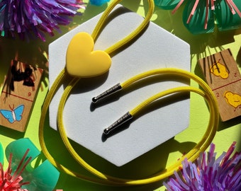 Adorable Yellow Heart Bolo tie, Handmade Cowboy Necklace, Cute Eccentric Jewelry, Statement Accessory, Gift for Her, Wedding Necktie Present