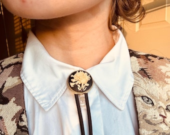 Small Flower Cameo Bolo Tie, Handmade Cowboy Western Necktie, Cute Eccentric Jewelry, Floral Necklace, Statement Accessory, Gifts for her