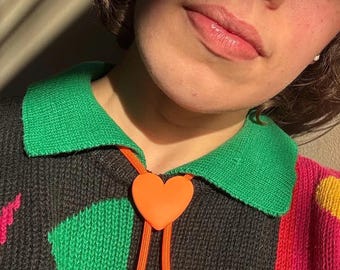 Adorable Orange Heart Bolo tie, Handmade Cowboy Necklace, Cute Eccentric Jewelry, Statement Accessory, Gift for Her, Wedding Necktie Present