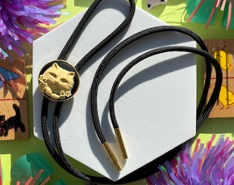 Small Cat Cameo Bolo Tie, Handmade Cowboy Bolo, Western Wedding Necktie, Cute Eccentric Jewelry, Black Cat Necklace, Statement Accessory,