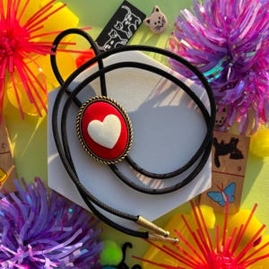 Adorable Red and White Heart Bolo Tie, Handmade Cowboy Wedding Bolo, Western Necklace, Eccentric Jewelry, Statement Accessory, Gift for Her