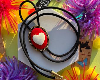Adorable Red and White Heart Bolo Tie, Handmade Cowboy Wedding Bolo, Western Necklace, Eccentric Jewelry, Statement Accessory, Gift for Her