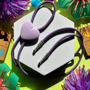 Adorable Sweet Purple Heart Bolo tie, Handmade Cowboy Necklace, Cute Eccentric Jewelry, Statement Accessory, Gifts for Her, Wedding Necktie