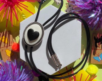 Adorable White and Black Heart, Handmade Cowboy Wedding Bolo, Western Jewelry Necktie, Eccentric Jewelry, Statement Accessory, Gift for Her