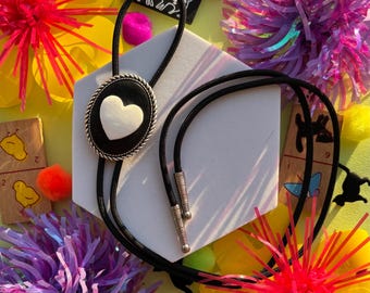 Adorable Black and White Heart Bolo Tie, Handmade Cowboy Wedding Bolo, Western Necktie, Eccentric Jewelry, Statement Accessory, Gift for Her