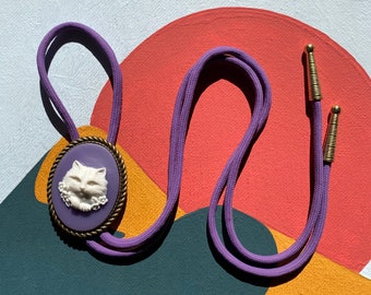 Charming Cat Bolo Tie / Large Purple Cat Cameo / Handmade Necklace Bolo Tie / Minimalistic Bolo / Cowboy Bolo Tie / Western Jewelry Bolo Tie