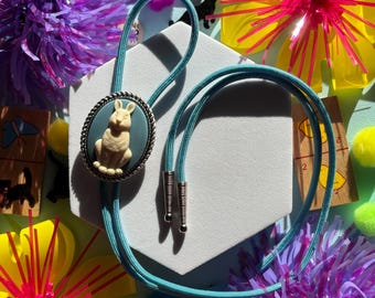 Blue Bunny Rabbit Cameo Bolo Tie, Handmade Cowboy Western Wedding Tie, Cute Eccentric Jewelry, Adorable Necklace, Statement Accessory, Gift