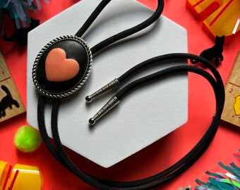 Adorable Heart Bolo / Cute Pink and Black Heart Cameo / Handmade Bolo / Minimalistic Tie / Cowboy Western Bolo / Wedding Bolo / Gift for Him