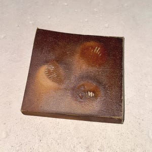 May include: A square, dark brown ceramic tile featuring a textured, mottled surface with three distinct, lighter-toned circular indentations. Each indentation contains small, visible, light-colored markings or ridges within the center.