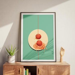 Espaguete com almôndegas | Pôster retrô minimalista azul | Imagem de cozinha italiana | Sala de jantar + decoração de restaurante | Impressão artística de alimentos
