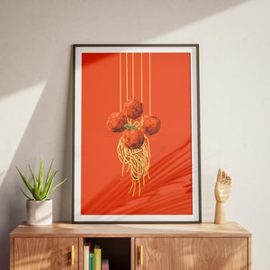 Espaguete com almôndegas | Pôster retro minimalista | Imagem de cozinha italiana | Decoração de sala de jantar ou restaurante | Impressão artística de alimentos