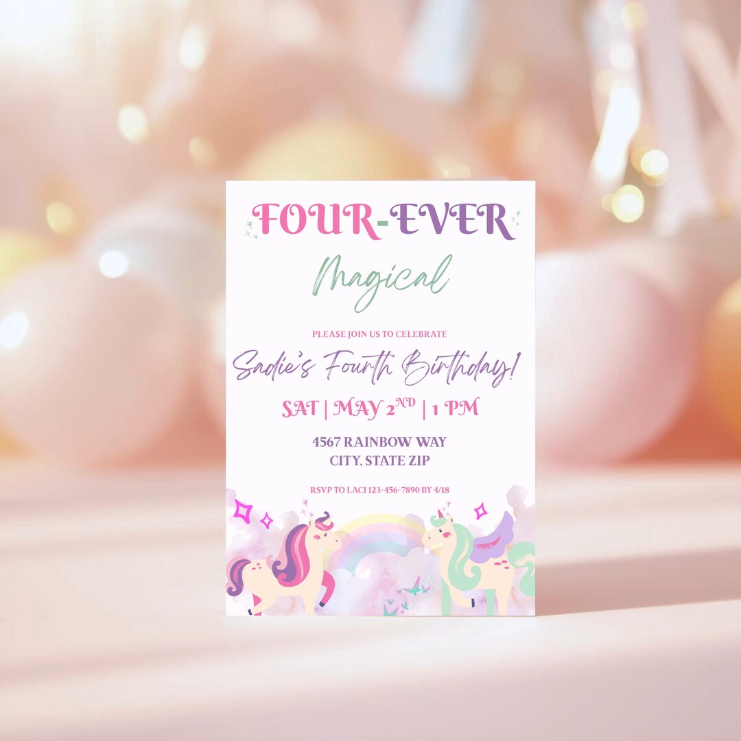 Editable Four Ever Magical Birthday Invitation Template, Unicorn 4th ...