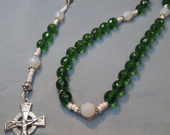Handmade Green & White Fire Polish Rosary | 10mm Beaded Catholic Prayer Beads | Fire Polish Beaded Rosary | Handmade Religious Jewelry