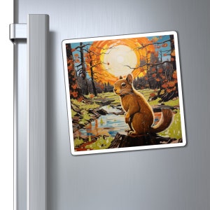 Squirrel Art Magnets | Nature Scene | Woodland Picture | Forrest Painting | Wildlife Art